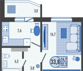 1-комн, 33 кв м, этаж 17/17 деревня Образцово